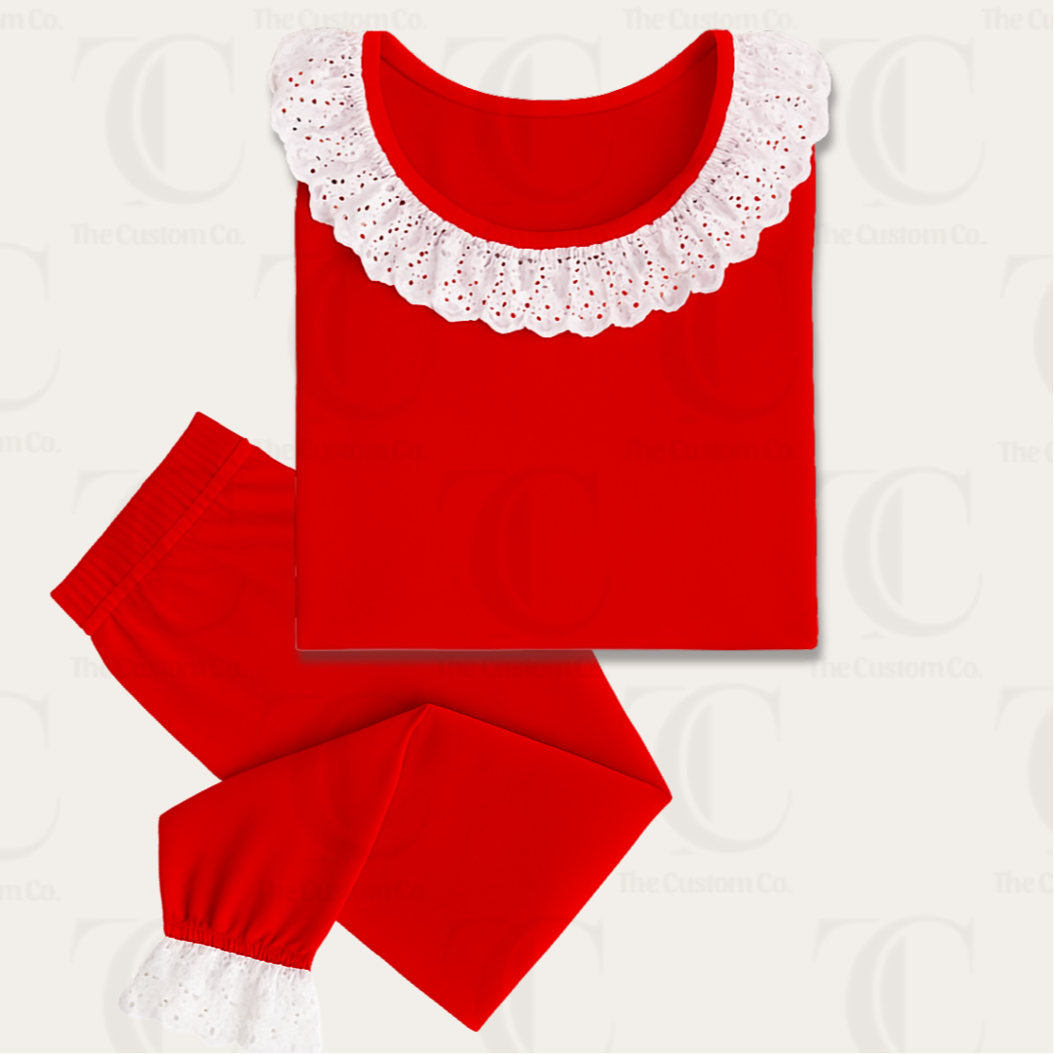 Personalised Girls Red Frilly Christmas Pyjama’s - My First Christmas