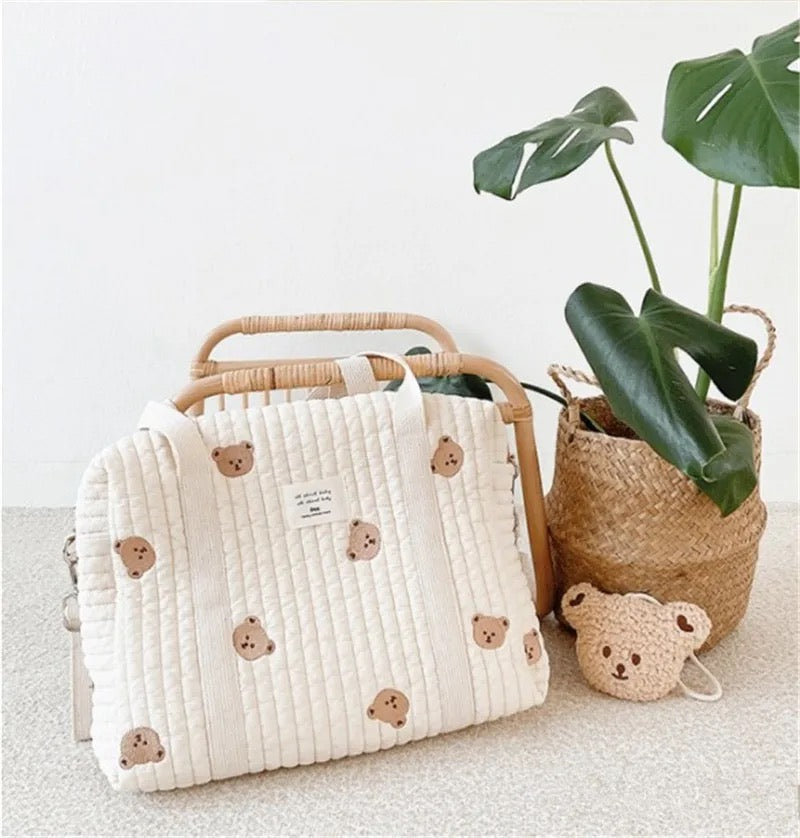 Personalised Stroller Bag – Embroidered Teddy Bear Print | Quilted Cotton Baby Changing Bag