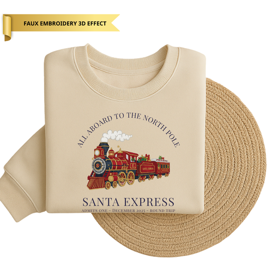 Children’s All Aboard North Pole Santa Express Sweater - Faux Embroidery 3D Print