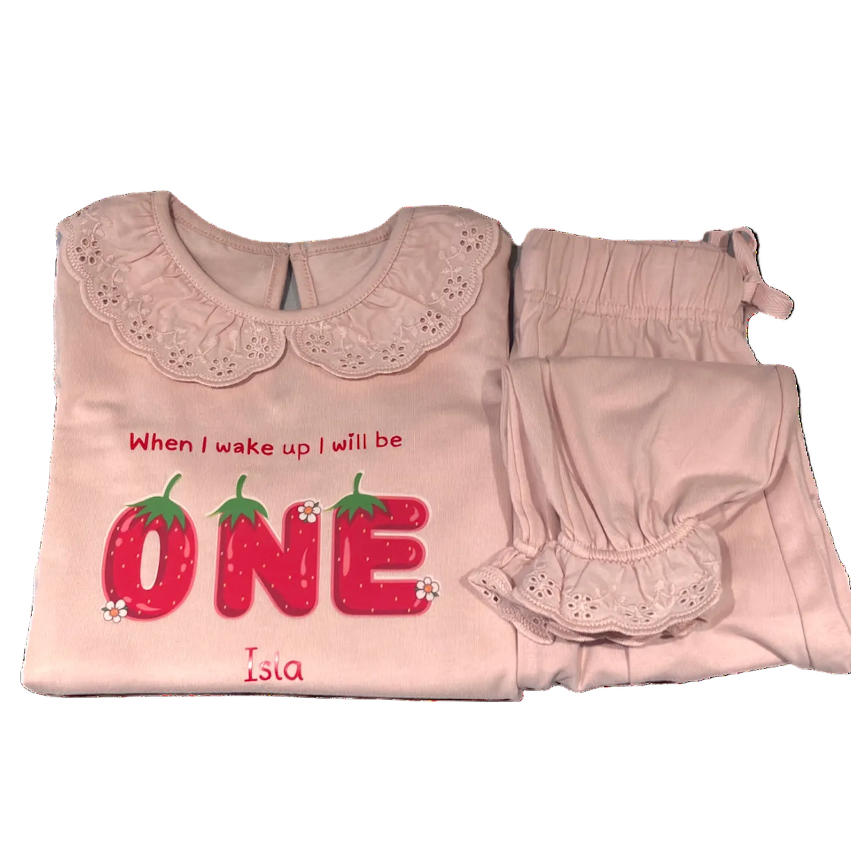First Birthday Strawberry Personalised Pyjamas | Pink Frills