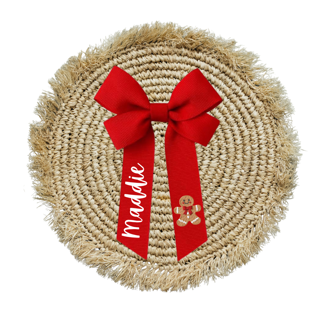 Personalised Girls Red Hair Bow - Gingerbread Faux Embroidery
