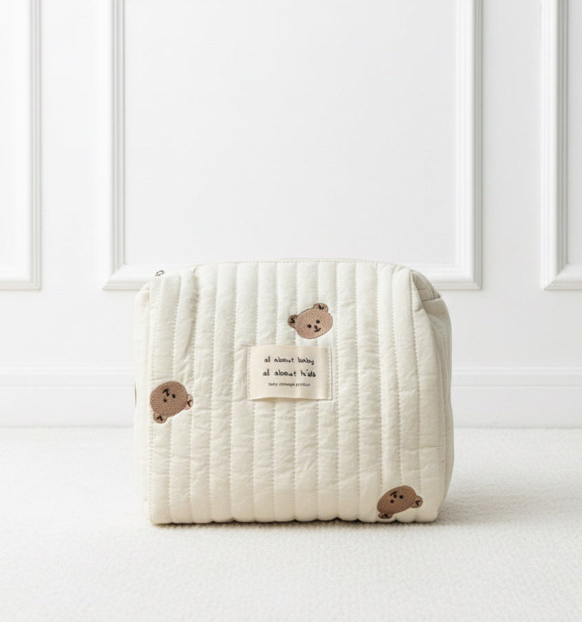 Personalised Stroller Pouch – Embroidered Teddy Bear | Quilted Cotton Nappy Bag