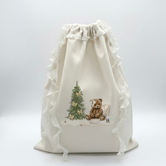 Personalised Santa Present Sack | Handmade Lace Canvas | Exclusive Teddy Bear Design