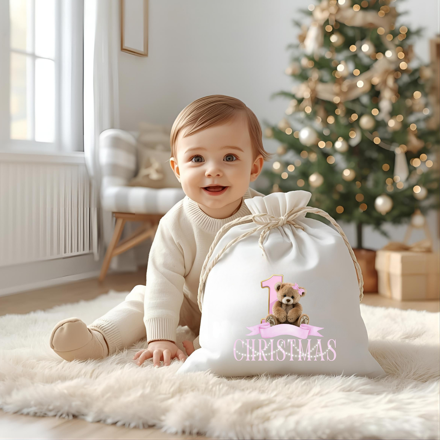 Girls Personalised First Christmas Romper-suit & Sack Gift Set - Adorable Teddy Bear Design