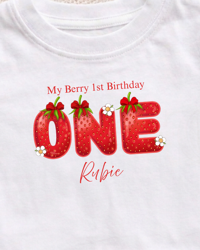 Personalised Berry First Birthday T-Shirt | Embroidery Appliqué Design