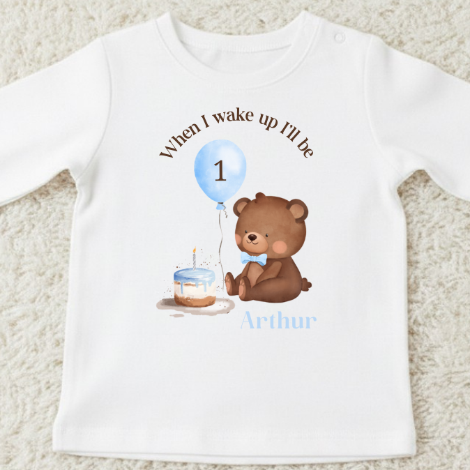 Personalised First Birthday Pyjamas | When I Wake Up I’ll Be One | Teddy Bear Cake Design