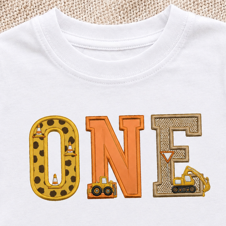 Personalised Construction Birthday T-Shirt | Embroidery Appliqué Design