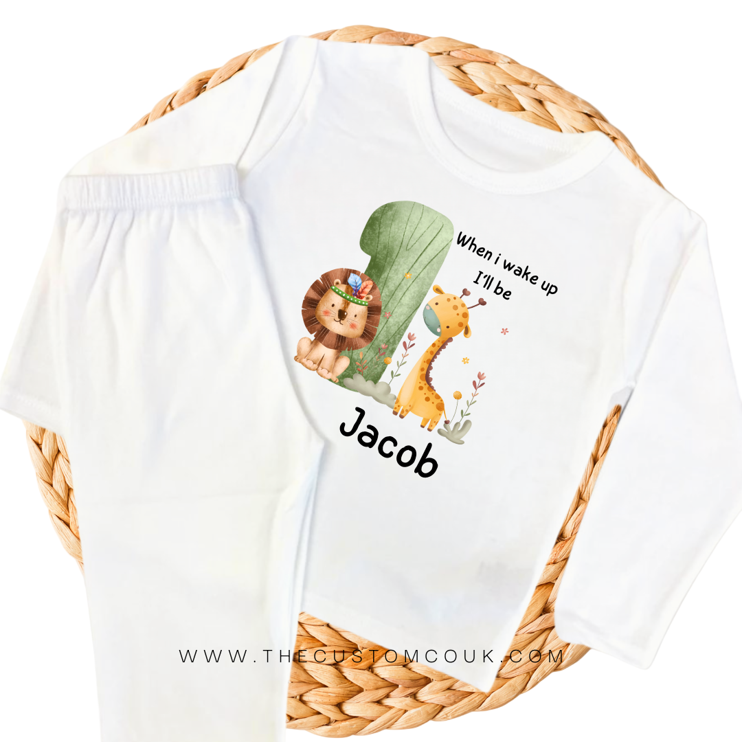Personalised First Birthday Pyjamas | When I Wake Up I’ll Be One | Safari Animal Design