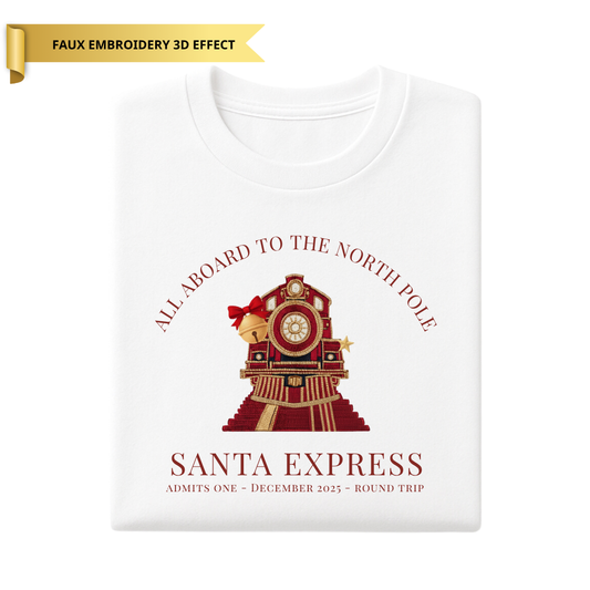 Children’s All Aboard North Pole Santa Express T-Shirt - Faux Embroidery 3D Print