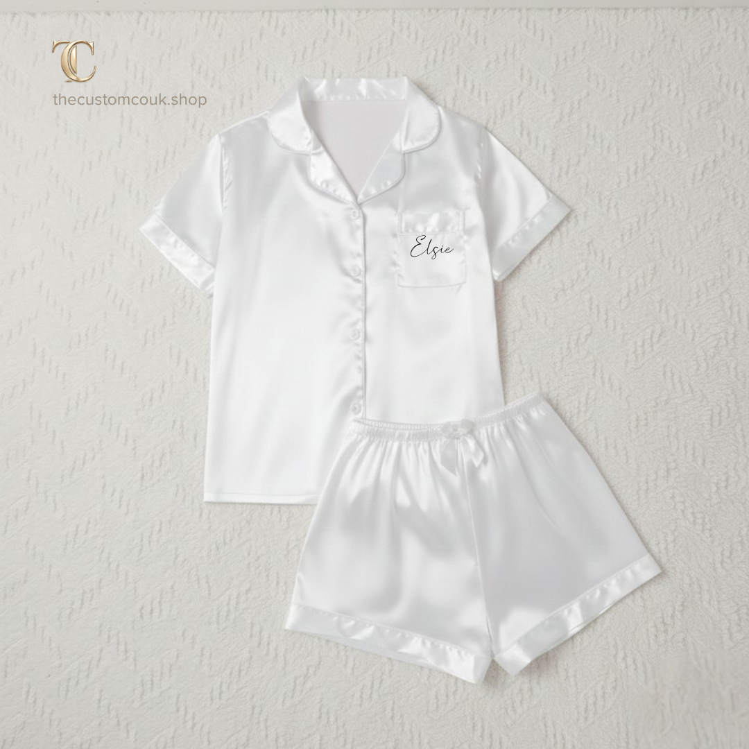 Children’s Personalised Satin Short Pyjamas (Ages 6–14)