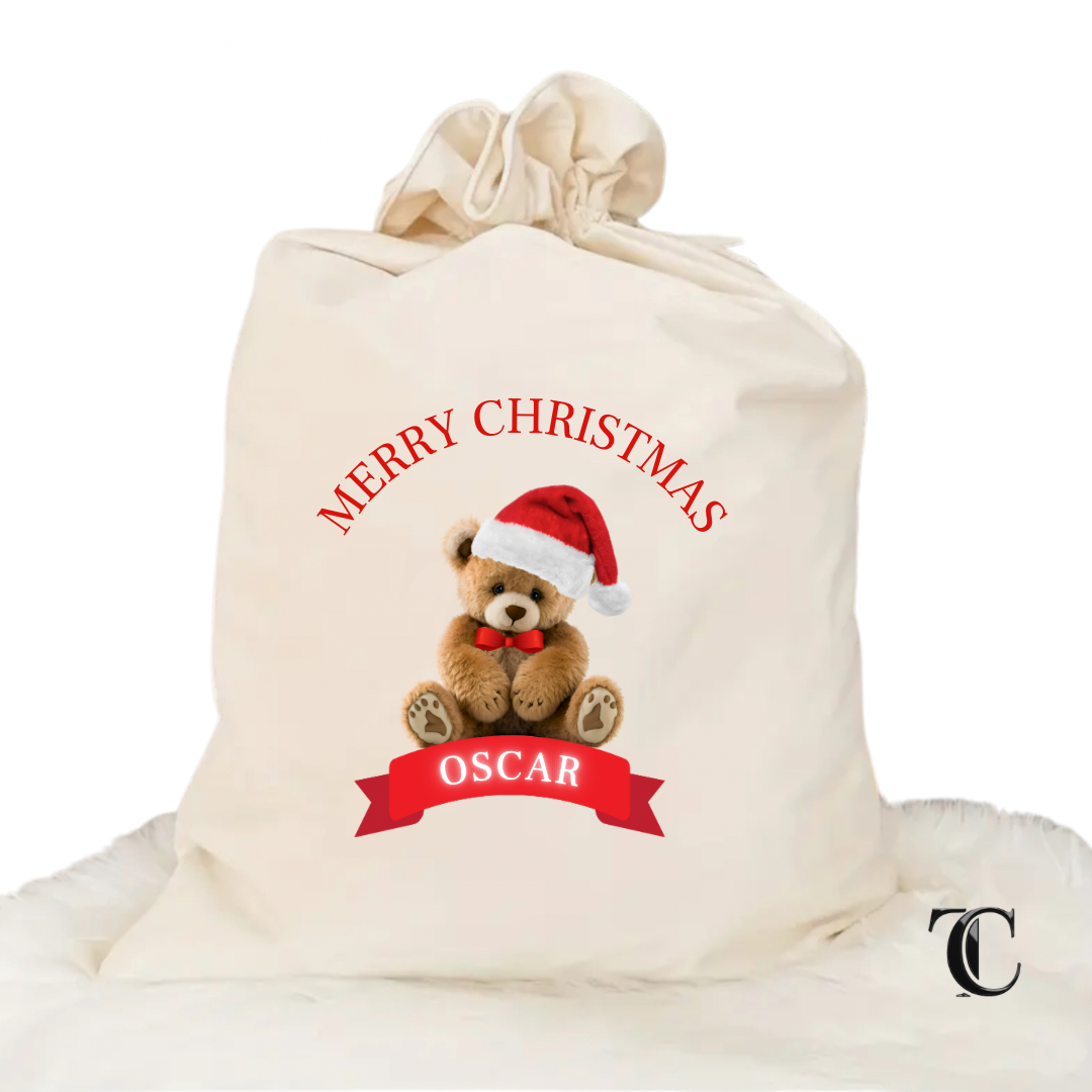 Merry Christmas Velvet Santa Sack - Teddy Bow Tie