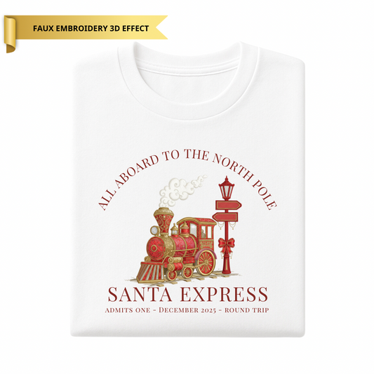 Children’s All Aboard North Pole Santa Express T-Shirt - Faux Embroidery Teddy Bear