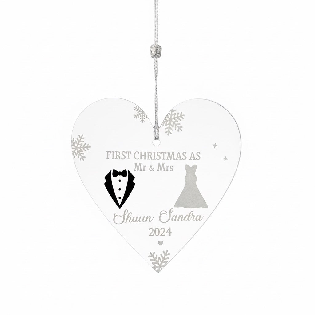 Personalised Heart Tree Decoration - First Christmas as Mr & Mrs