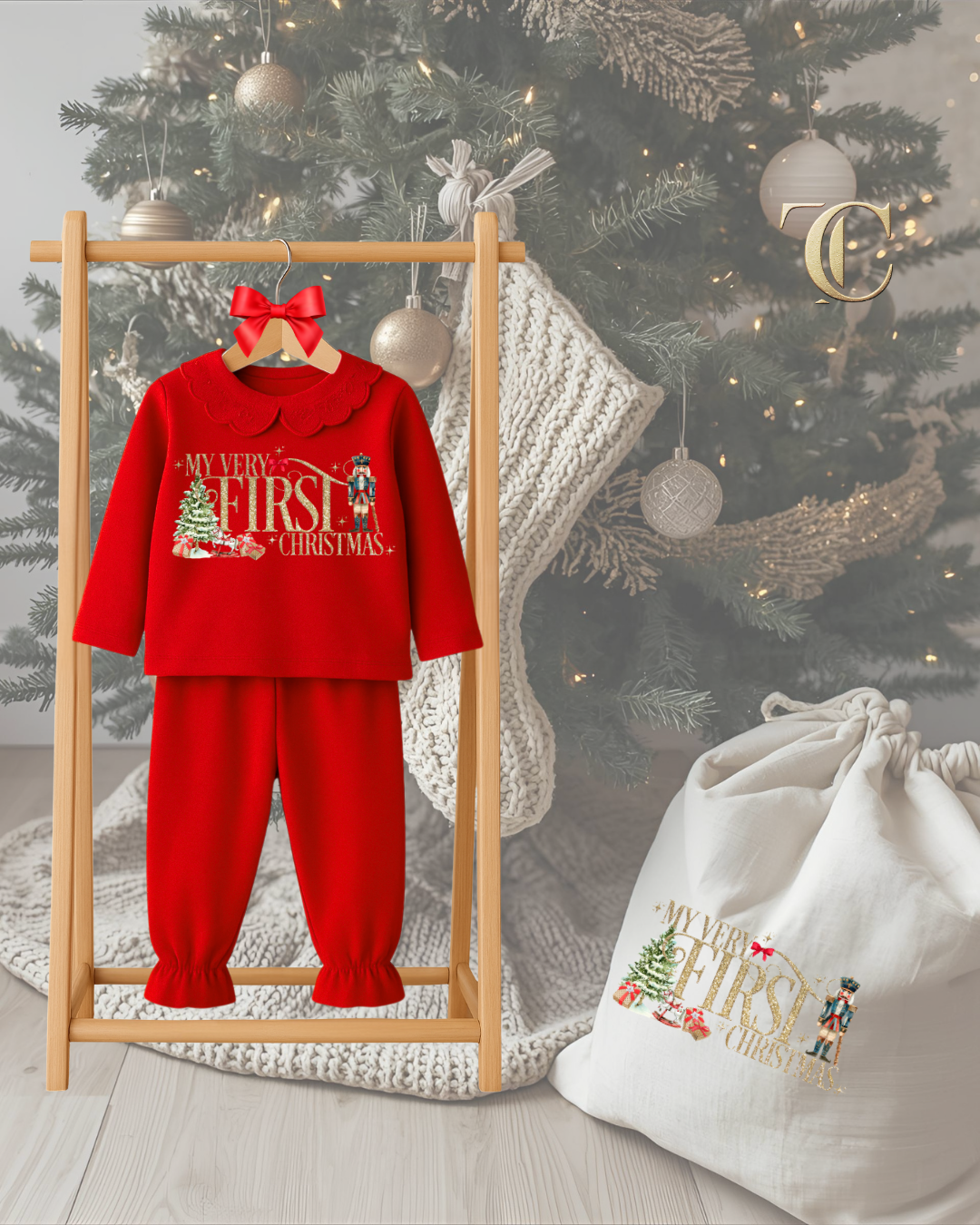 Personalised Girls Red Frilled Pyjamas – First Christmas Baby Girl Outfit