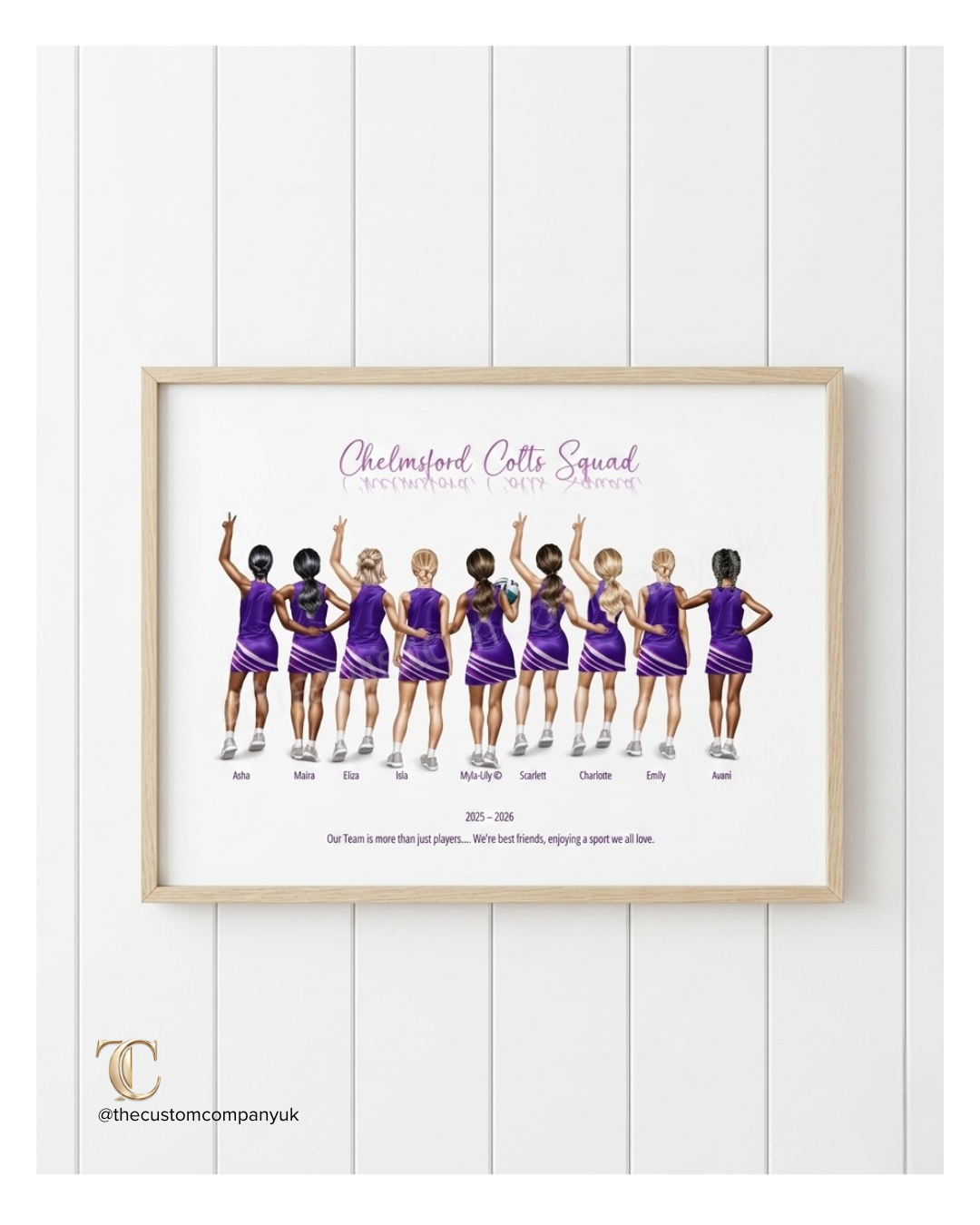 Custom artwork of a netball team, premium print.