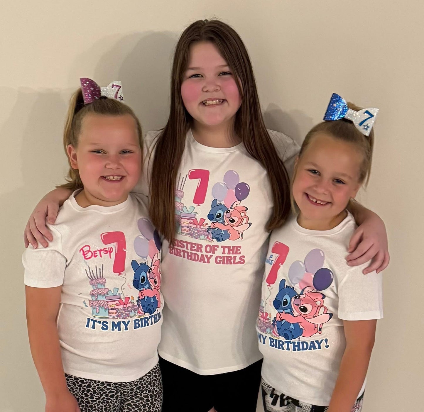 Kids personalised Stitch birthday T-shirt with custom name and age design.