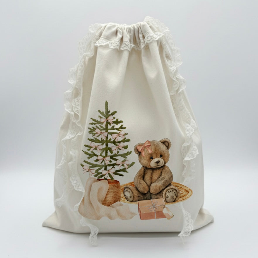 Personalised Present Sack | Handmade Lace Canvas | Exclusive Teddy Bear Design