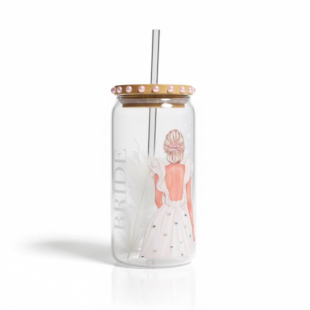 Handmade Bride Glass Can | Rhinestone & Pearl Design | Bamboo Lid & Straw (16oz)