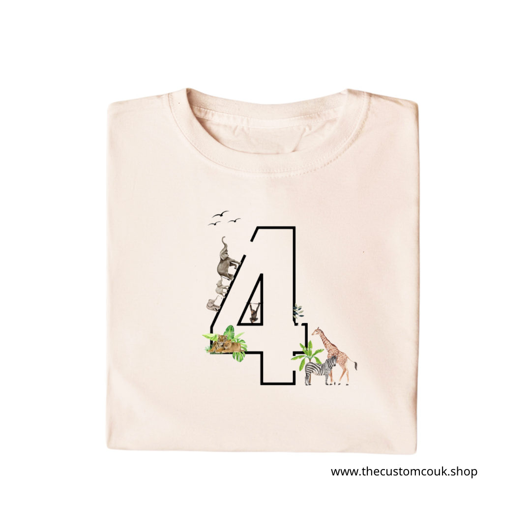Personalised Children’s Birthday Number T-Shirt - Safari Animals Design