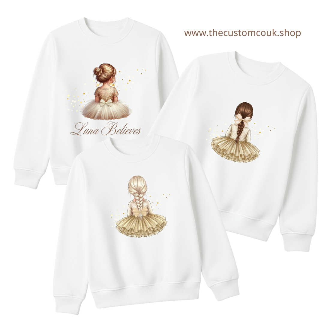 Personalised Girls Christmas Gold Tutu Design Sweatshirt – White