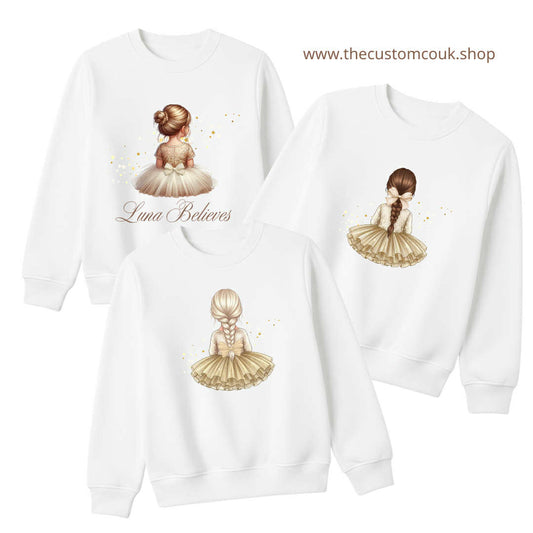Personalised Girls Christmas Gold Tutu Design Sweatshirt – White