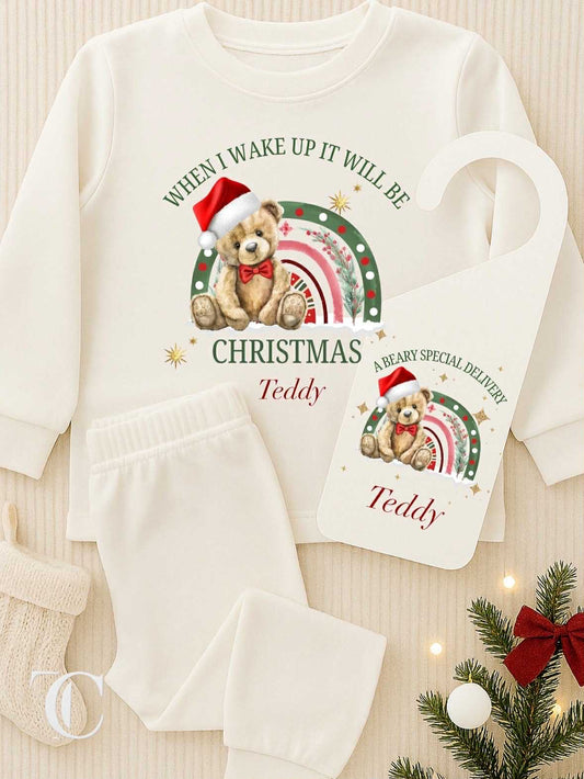 Personalised Pyjamas & Door Hanger When Wake Up Teddy Bear - Christmas Bundle Set