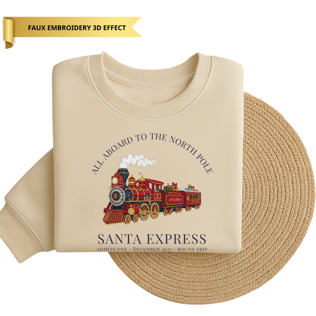 Children’s All Aboard North Pole Santa Express Sweater - Faux Embroidery 3D Print