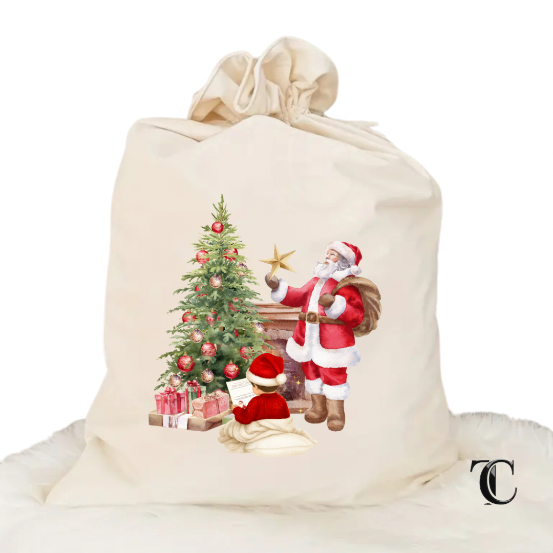 Personalised Christmas Velvet Santa Sack - Little boy & Santa