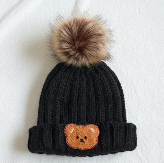 Toddlers Winter Bobble Hat - Teddy Bear Embroidered Patch