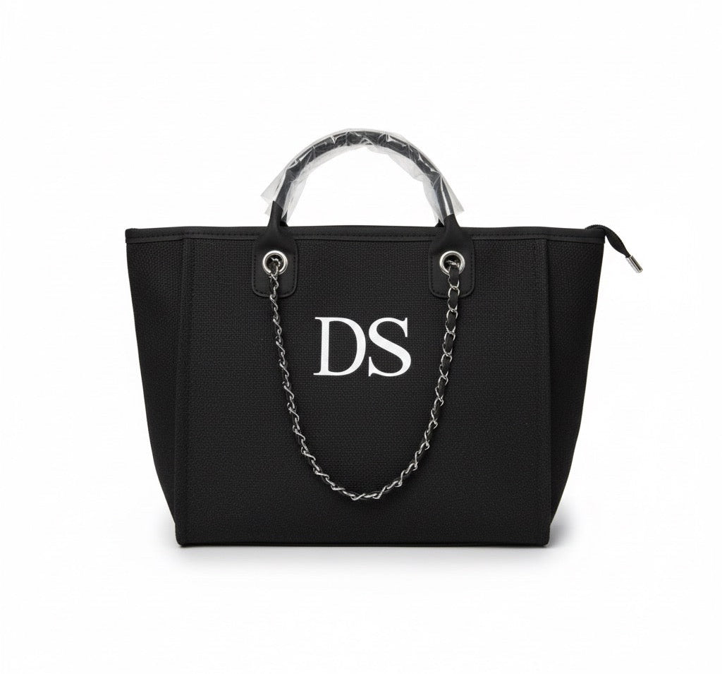 Personalised Canvas Chain Tote Bag – Monogram Design | Black
