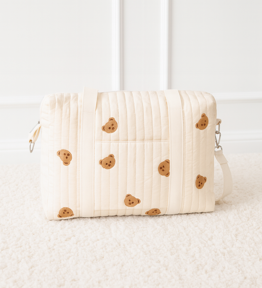 Personalised Stroller Bag – Embroidered Teddy Bear Print | Quilted Cotton Baby Changing Bag