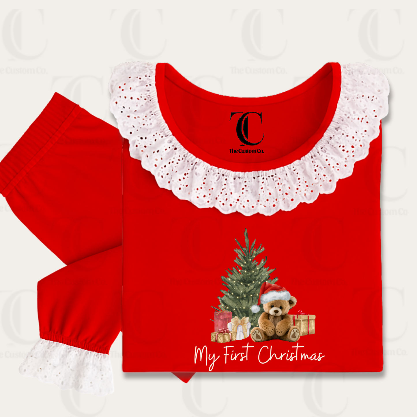 Personalised Girls Red Frilly Christmas Pyjama’s - My First Christmas