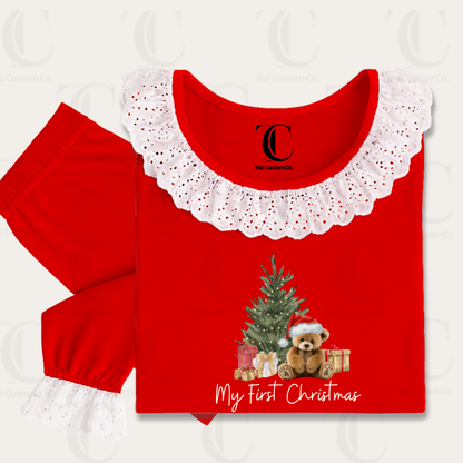 Personalised Girls Red Frilly Christmas Pyjama’s - My First Christmas