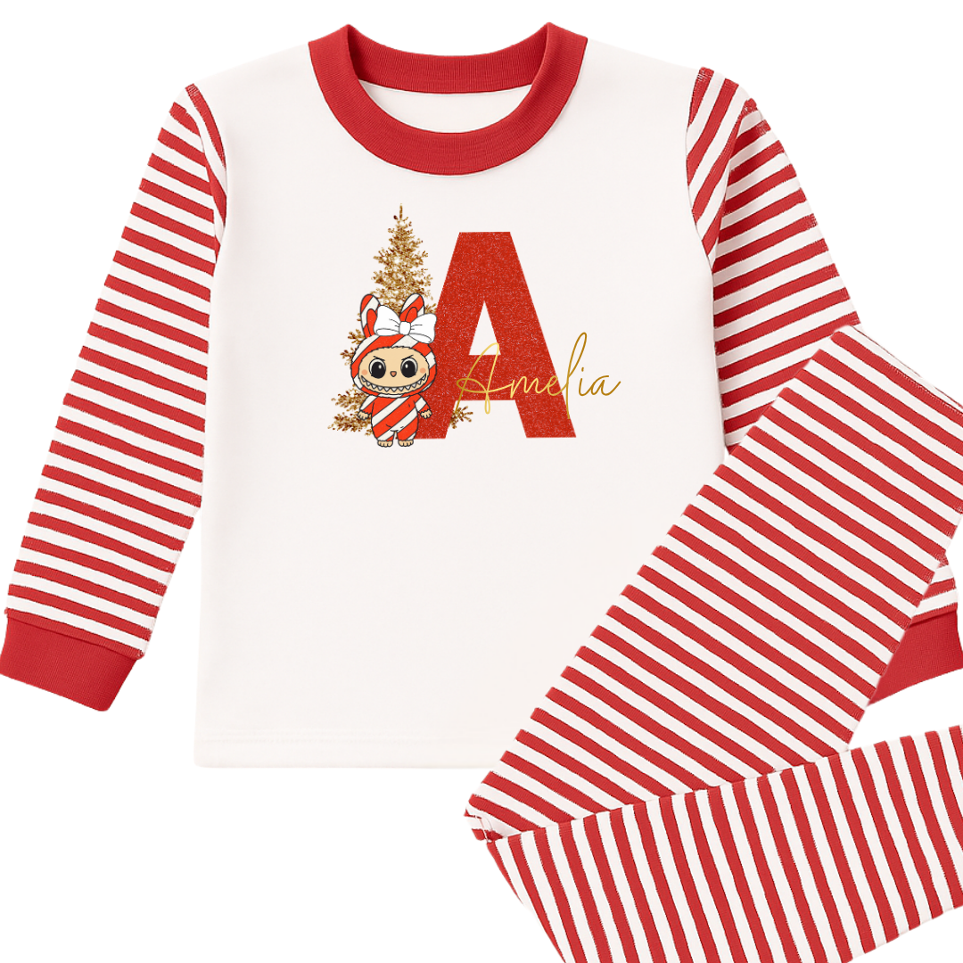 Personalised Labubu Initial Christmas Pyjama’s - Red Stripes