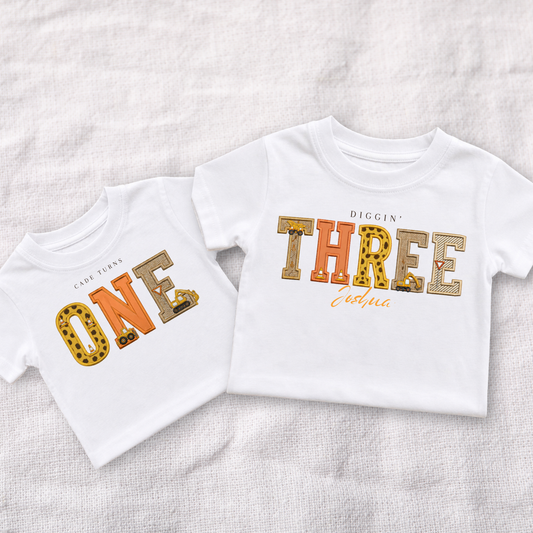 Personalised Construction Birthday T Shirt | Embroidered Appliqué Design