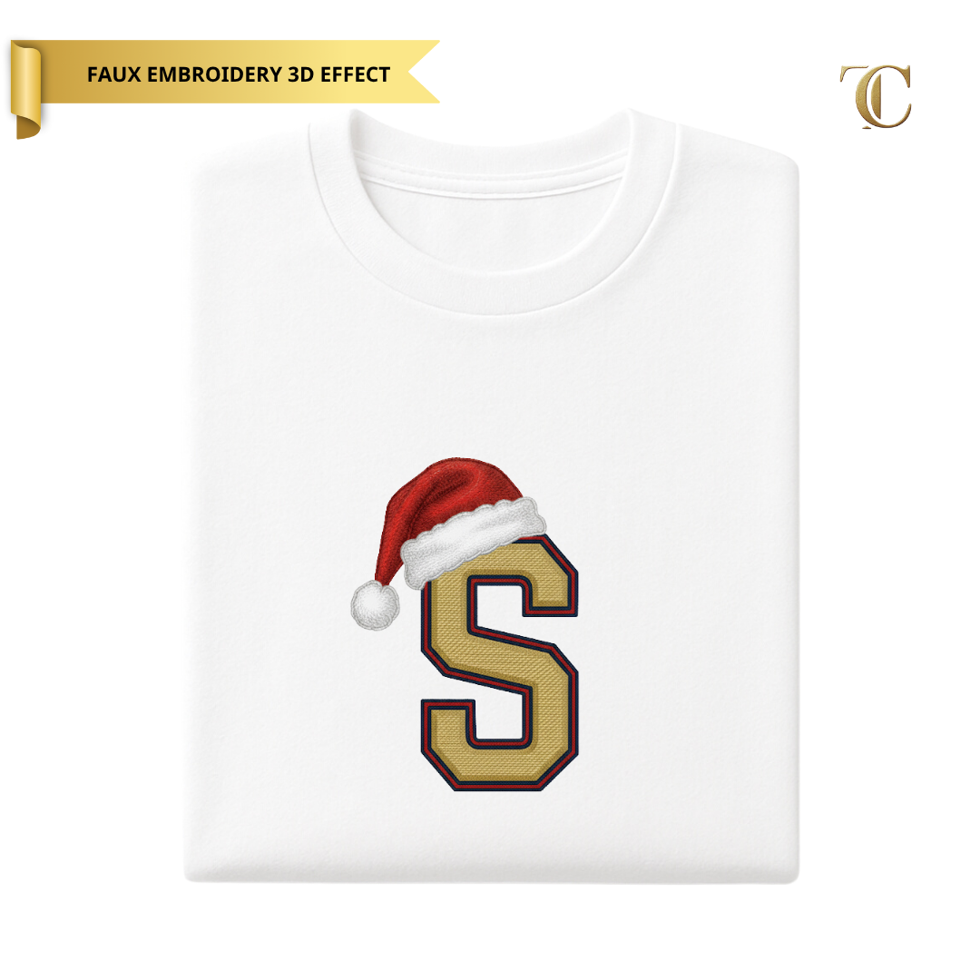Personalised Santa Hat Initial T-Shirt - Faux Embroidery 3D Print