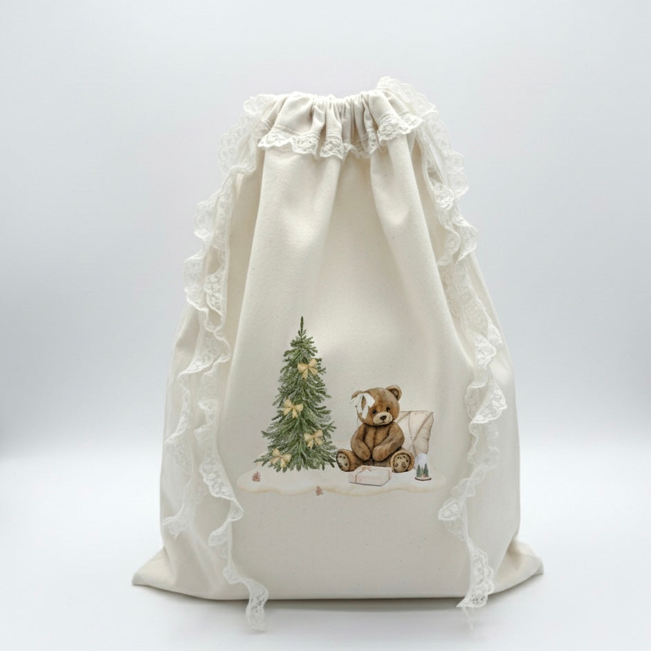 Personalised Santa Present Sack | Handmade Lace Canvas | Exclusive Teddy Bear Design