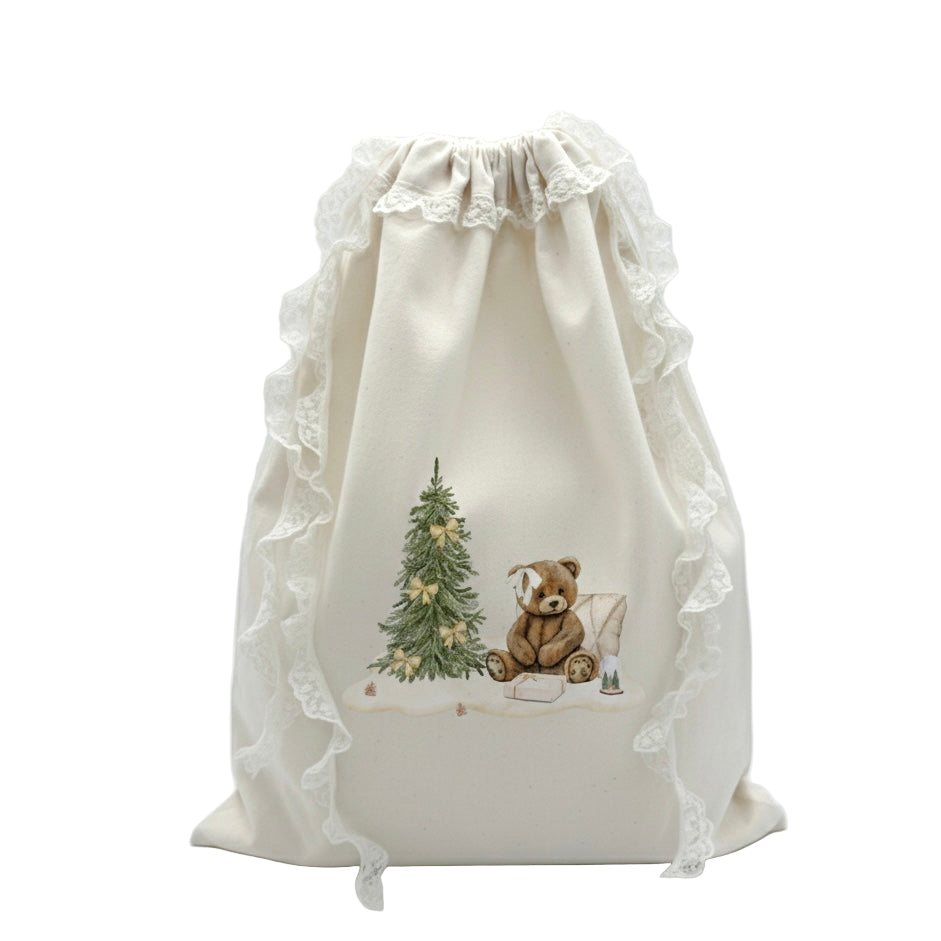 Personalised Santa Present Sack | Handmade Lace Canvas | Exclusive Teddy Bear Design