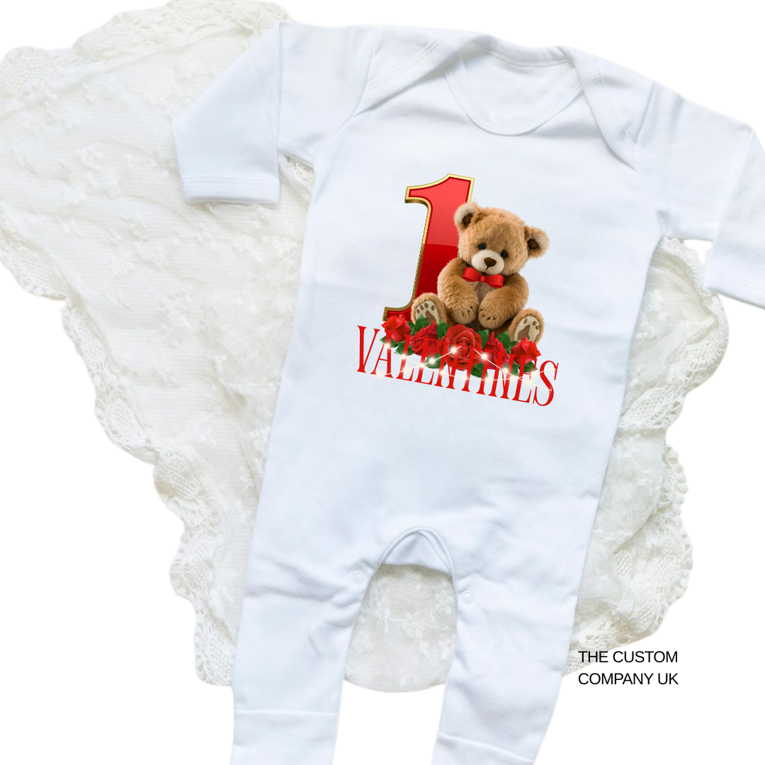First Valentine’s Day – Personalised Girls & Boys Romper-Suit | Adorable Teddy Bear Design