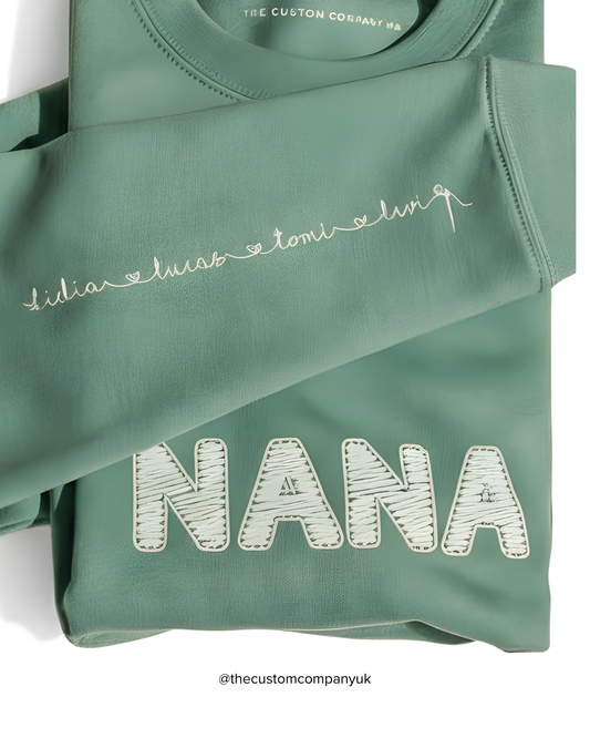 A close-up, macro shot of the "Nana" lettering, highlighting the intricate stitched texture that mimics traditional cross-stitching. The lighting emphasizes the depth and physical feel of the design.