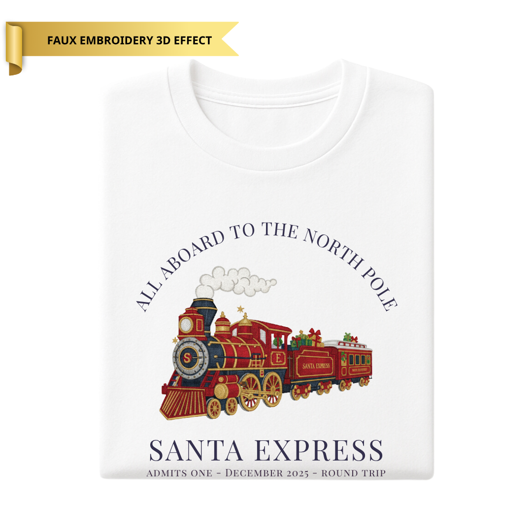 Children’s All Aboard North Pole Santa Express T-Shirt - Faux Embroidery 3D Print