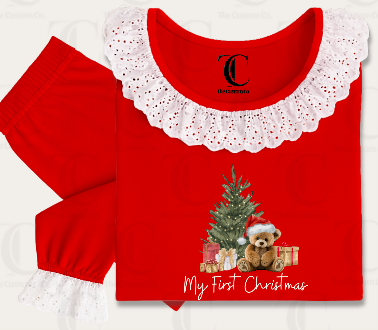 Personalised Girls Red Frilly Christmas Pyjama’s - My First Christmas