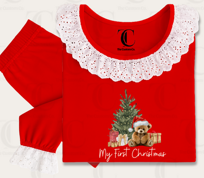 Personalised Girls Red Frilly Christmas Pyjama’s - My First Christmas