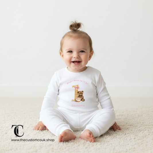 When I Wake Up I’ll Be One - Personalised Girls Birthday Pyjamas - Teddy Bear Cake Design