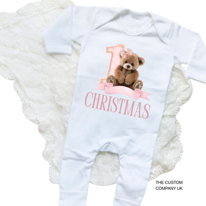 Girls Personalised First Christmas Romper-suit & Sack Gift Set - Adorable Teddy Bear Design