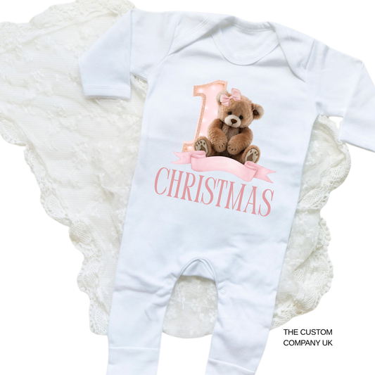 Girls Personalised First Christmas Romper-suit & Sack Gift Set - Adorable Teddy Bear Design