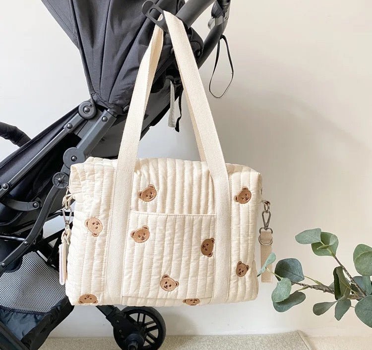 Personalised Stroller Bag – Embroidered Teddy Bear Print | Quilted Cotton Baby Changing Bag