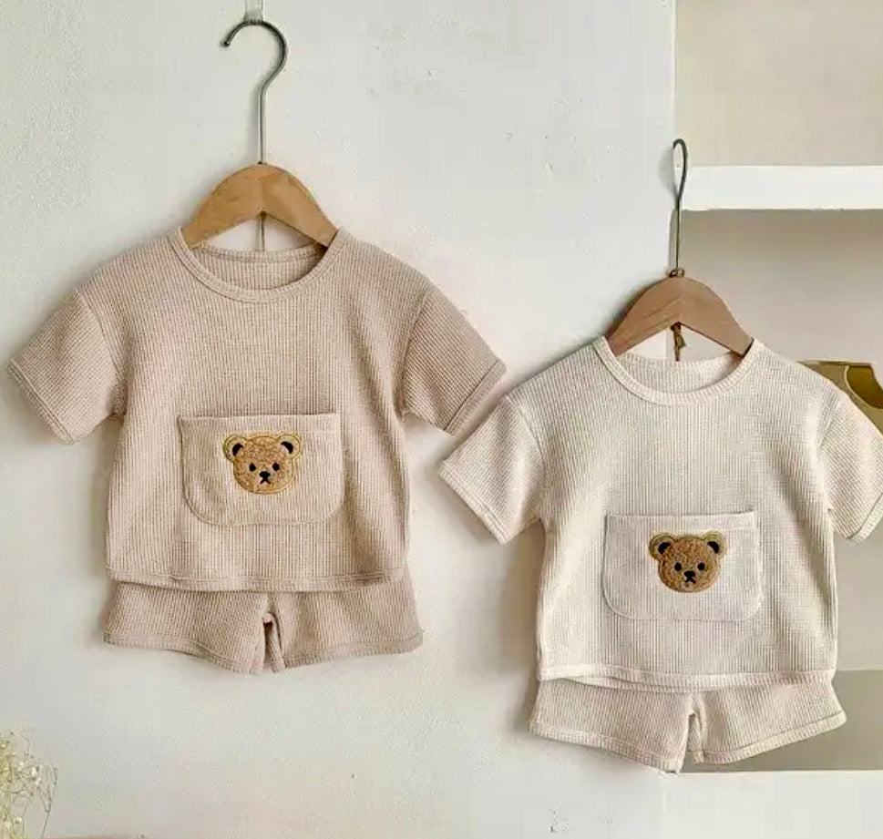 Baby Waffle Knit Shorts Set with Teddy Bear Plush Embroidery