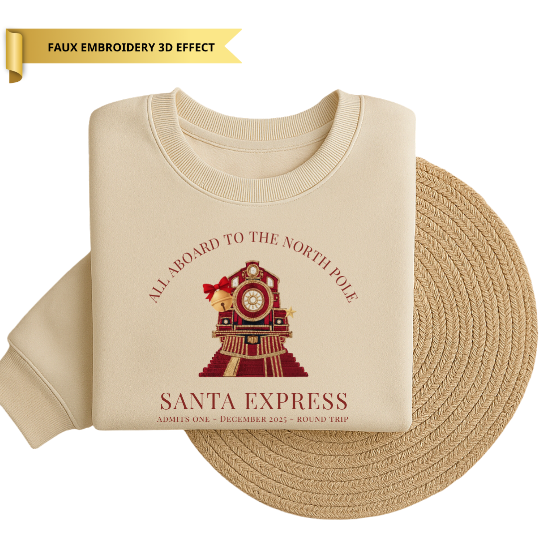 Children’s All Aboard North Pole Santa Express Sweater - Faux Embroidery 3D Print