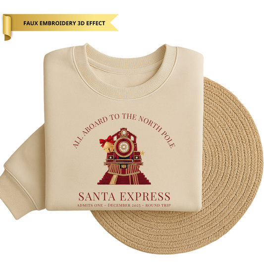 Children’s All Aboard North Pole Santa Express Sweater - Faux Embroidery 3D Print
